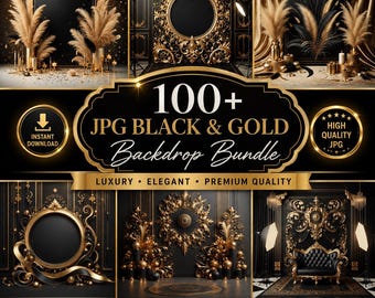 100 Black & Gold Digital Backdrops, JPG Bundle for Elegant Photography