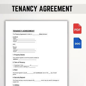 Peut inclure: Un formulaire de contrat de location blanc avec du texte noir, comprenant des sections pour les coordonnées du bailleur et du locataire, les détails de la propriété et les informations sur le loyer. Une icône PDF rouge et une icône DOC bleue sont à droite.