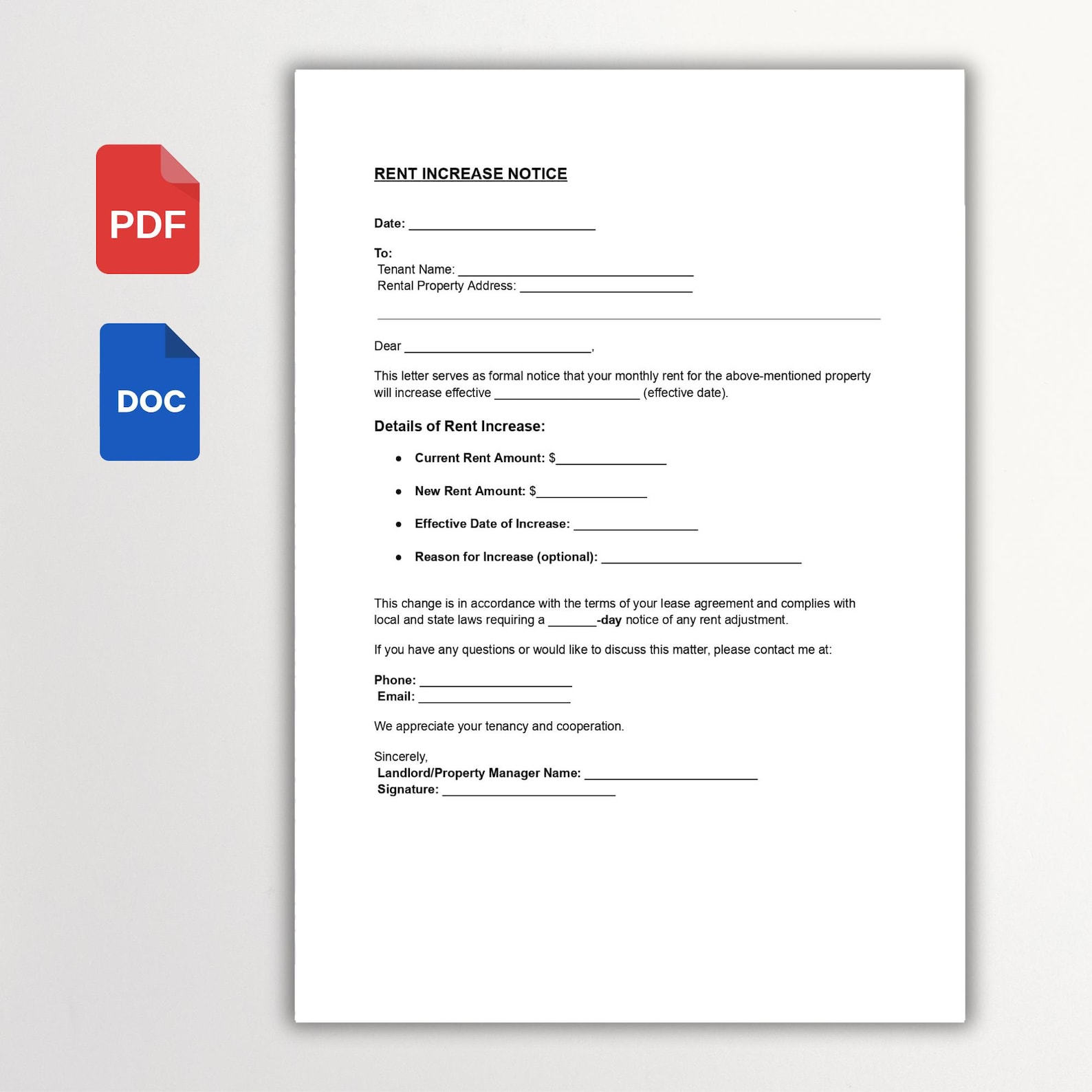 Rent Increase Notice Template | Rental Rate Adjustment Letter ...