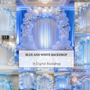 Blue white Digital Backdrop Balloon Arch Celebration Backdrops Birthday Toddler Newborn Maternity Overlay Background Photoshop