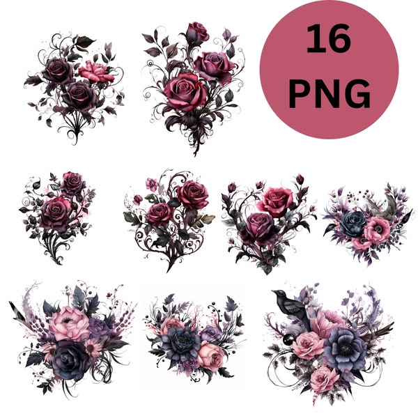 16 PNG Watercolor Gothic Floral Clipart, Magical Gothic Flowers Clip Art, Dark Fairytale Fantasy PNG Digital Image Downloads