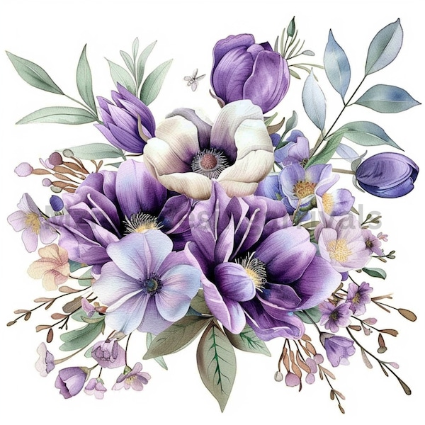 4 Purple Flowers Bouquet Clipart, Violet Floral, Printable Watercolor clipart, High Quality JPG, Digital download