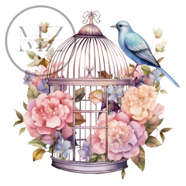 Floral Bird Cage Clipart, Flower Birds, Printable Watercolor clipart, High Quality PNG, Digital download, Paper craft, junk journals