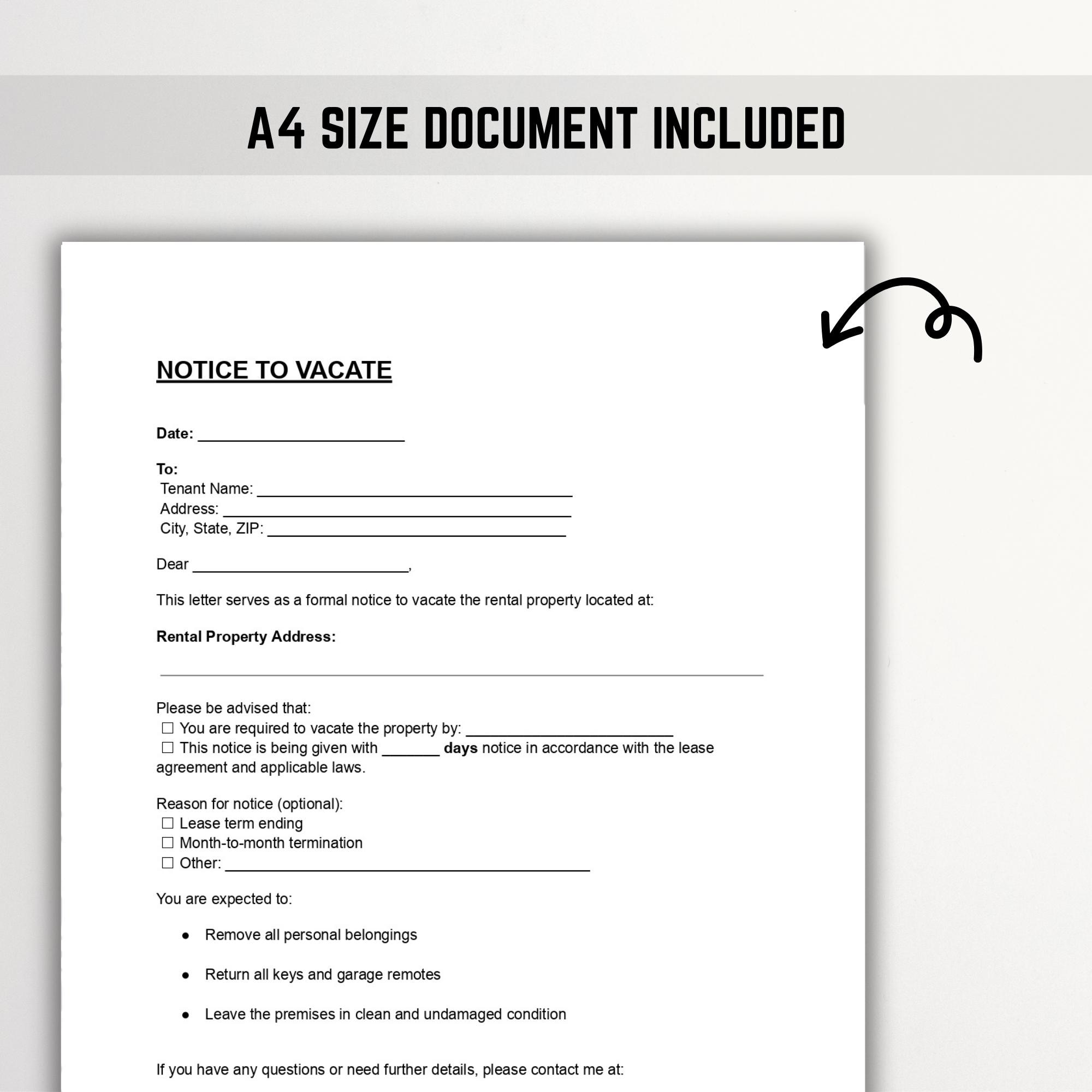 Moving Out Notice Example Notice to Vacate Template | Tenant Move-out Notice | Editable PDF, Word ...