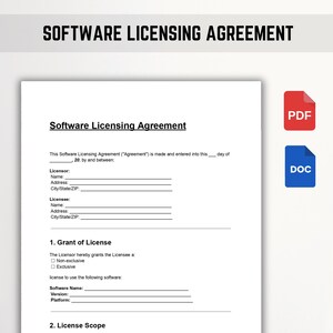 Op de afbeelding: Een Softwarelicentieovereenkomst document met de titel in vette zwarte letters. Het document bevat secties voor informatie over licentiegever en licentienemer, en details over de licentieverlening. PDF- en DOC-pictogrammen staan rechts.