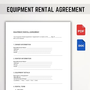 Equipment Rental Agreement Template | Editable Equipment Lease Contract | PDF, Word, Google Docs