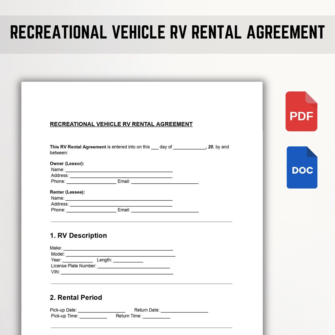 RV Rental Agreement Template: Editable Motorhome Lease (DOC & PDF) - Etsy