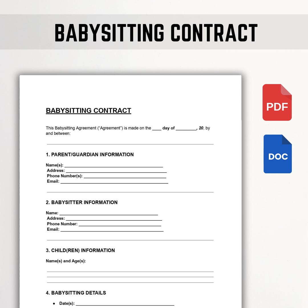 Babysitting Contract Template | Editable Babysitter Agreement | PDF ...
