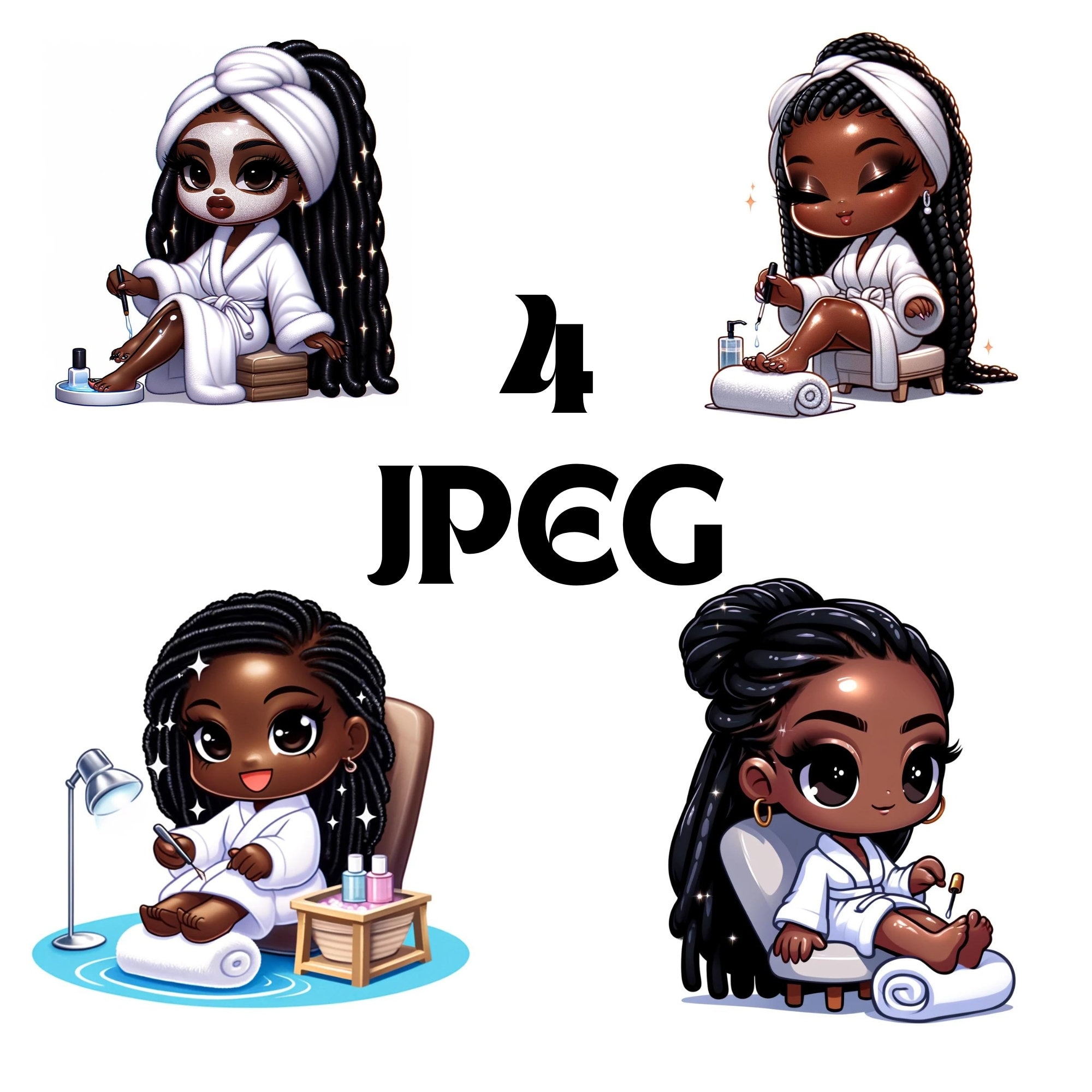 Spa Chibi 4 Chibi Clipart Set, Chibi Black Girls SPA, Black Woman Magic Clipart ...