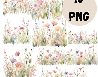 Clipart de bordure de fleurs sauvages à l'aquarelle, PNG (téléchargement numérique)