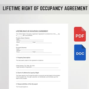 May include: A document titled "LIFETIME RIGHT OF OCCUPANCY AGREEMENT" with fillable fields for names, addresses, and contact information. Includes PDF and DOC icons in red and blue, respectively.