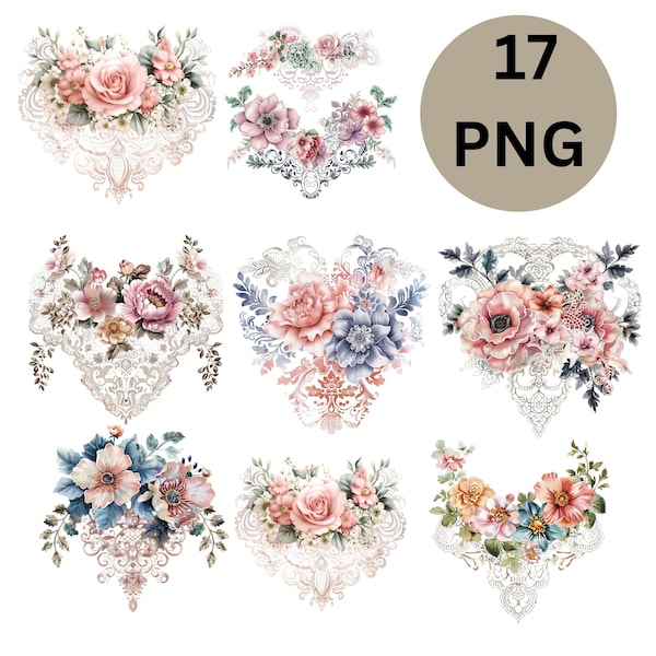 17 Vintage Floral Lace Clipart, Flowers Lace, Printable Watercolor clipart, High Quality PNGs, Digital download, junk journals