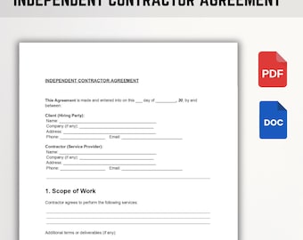May include: A white Independent Contractor Agreement form with the title at the top. The form includes sections for client and contractor information, scope of work, and terms. A red PDF icon and a blue DOC icon are on the right.