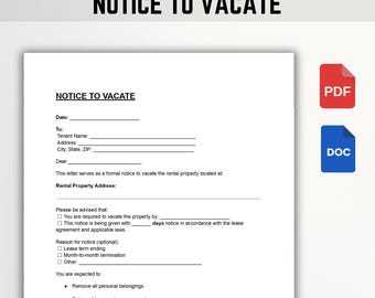 Notice to Vacate and Eviction Notice | Landlord and Tenant Notice to Quit | PDF & Word Files | Instant Download
