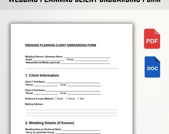 Puede incluir: Un formulario de incorporación de clientes de planificación de bodas en blanco con el título en la parte superior. El formulario incluye secciones para la información del cliente y los detalles de la boda. Iconos PDF y DOC a la derecha.
