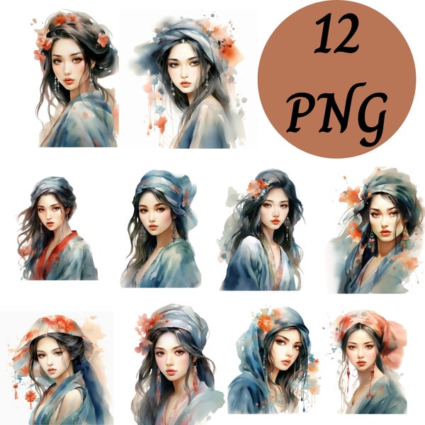 Oriental Woman Watercolor Clipart, Woman Png 12, Fashion Clipart, Sublimation, Scrapbook, Junk Journal, Paper Crafts Scrapbooking