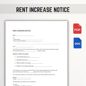 Aviso de aumento de alquiler / Formulario editable de aumento de alquiler / Documento de Word y descarga instantánea