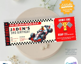 May include: A red and white race car ticket invitation for Jaden's 3rd birthday party. The ticket has a black and white checkered pattern and says "Start your engines and race over to Jaden's 3rd Birthday". The ticket also includes the date, time, and location of the party.