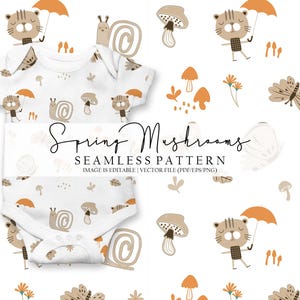 Puede incluir: Body de bebé blanco con un patrón repetido de dibujos animados de setas, caracoles, mariposas y un tigre con un paraguas. También se ve el texto "Spring Mushrooms" y "Seamless Pattern".