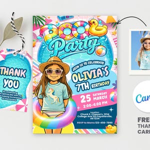 Retro Pool Party Birthday Invitation | Custom Cartoon Photo Invite (Digital Download)
