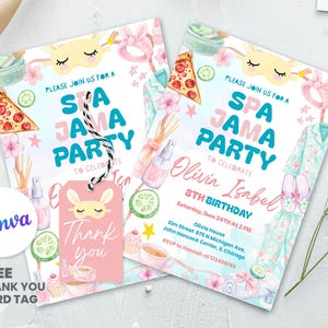 May include: Two Spa Jama Party invitations with watercolour illustrations of spa items, pizza, and flowers. The invitations feature the text "Spa Jama Party" and details for Olivia Isabel's 8th birthday. A pink tag says "Thank You".