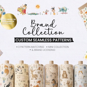 May include: A digital display of custom seamless patterns featuring various animal illustrations, including a circus-themed set, a forest animal collection, and floral motifs, presented on fabric rolls and clothing items with the text Brand Collection.