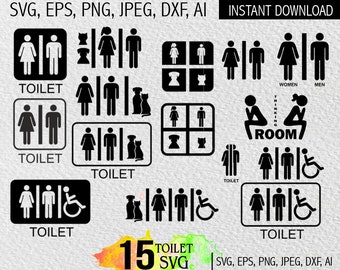 May include: A set of 15 black and white toilet sign SVG cut files. The signs feature various designs, including a traditional toilet symbol, a sign with a wheelchair, a sign with a dog and cat, and a sign with the text "Thinking Room".