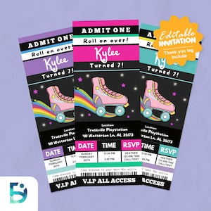 Bearbeitbare Rollschuh-Karte Geburtstagsfeier-Einladung, Rollschuh-Geburtstags-Einladung, Retro Roller-Party, Regenbogen-Karte, Kaufe 1 und 3 Farbe