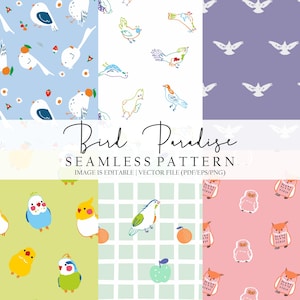 Puede incluir: Una colección de patrones sin costuras con coloridos pájaros y búhos. Los diseños incluyen pájaros con plumas azules, verdes y amarillas, junto con búhos sobre un fondo rosa. También se ve el texto "Bird Paradise" y "Seamless Pattern".