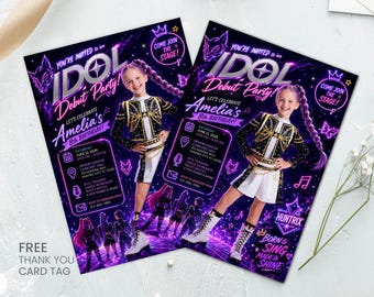 May include: Two rectangular party invitations with a dark purple and black background featuring a young person in a gold and black outfit. The text reads IDOL Debut Party, Amelia's 8th Birthday, and includes event details like date, time, and location.