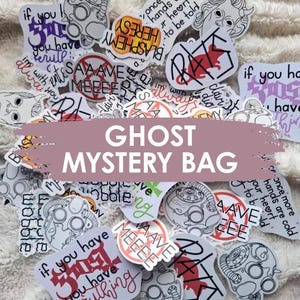 Op de afbeelding: Een verzameling stickers met diverse ontwerpen en tekst, waaronder de woorden "GHOST MYSTERY BAG" in een banner. De stickers bevatten illustraties van robots, ratten en zinnen als "Blasphemy Heresy".