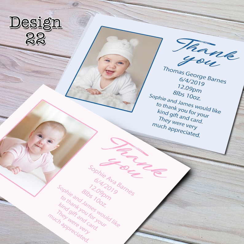 Personalised Baby Photo Thank You Cards with envelopes GirlBoy