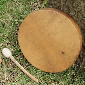 16" Celtic Shamanic Drum with Clear Quartz Crystal & Solid Sterling Silver wire. Sold with needle felted beater.