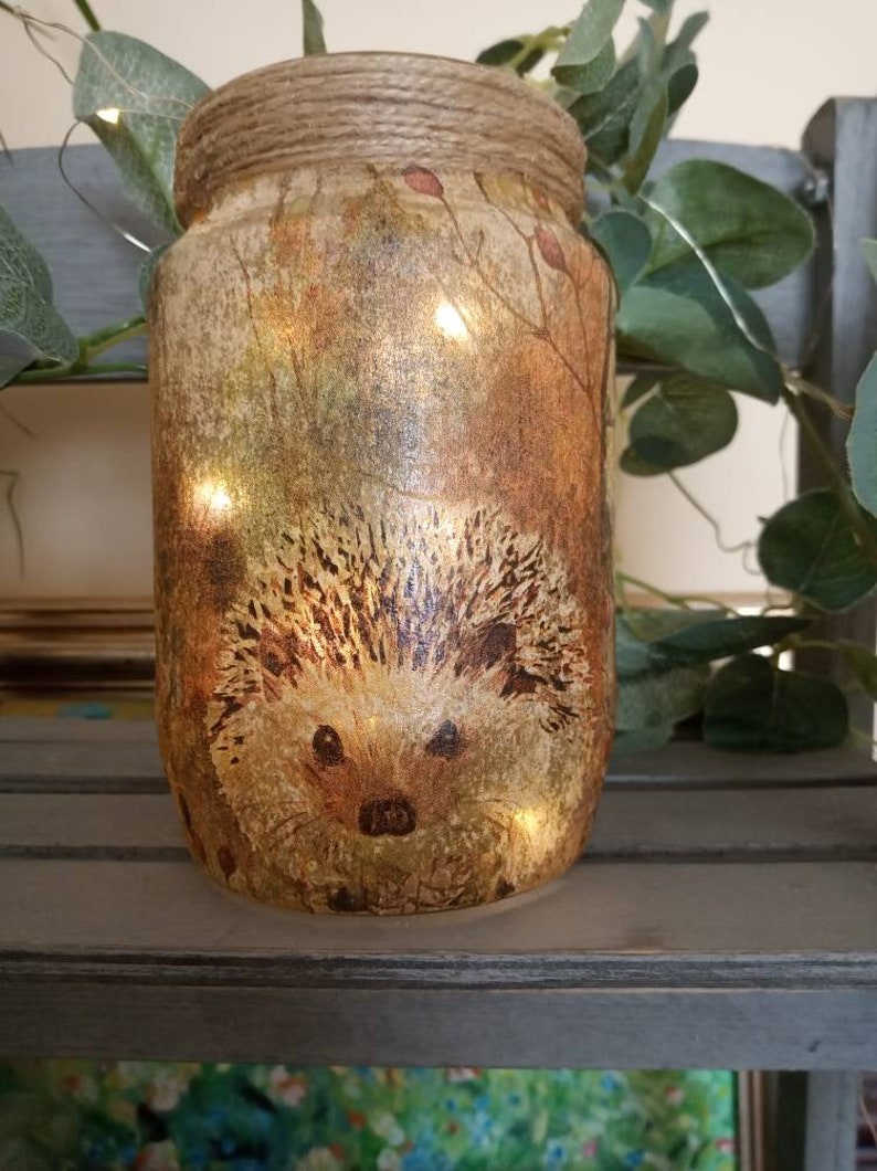 Hedgehog Light Jar. Decoupaged recycled jar. Perfect gift for Hedgehog fans. British wildlife conservation. Firefly Lantern Hedgehug Hoglet image 5