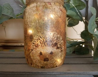 Hedgehog Light Jar. Decoupaged recycled jar. Perfect gift for Hedgehog fans. British wildlife conservation. Firefly Lantern Hedgehug Hoglet