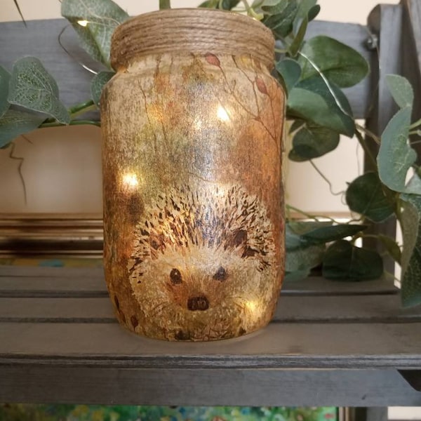 Hedgehog Light Jar. Decoupaged recycled jar. Perfect gift for Hedgehog fans. British wildlife conservation. Firefly Lantern Hedgehug Hoglet