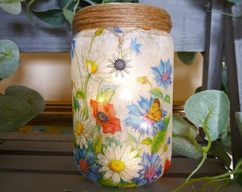 Daisy, Cornflower, Poppy Light Jar. Summer flowers. Decoupage flowers. Lantern, Firefly Lights. Gift for all occasions. Summer gardens