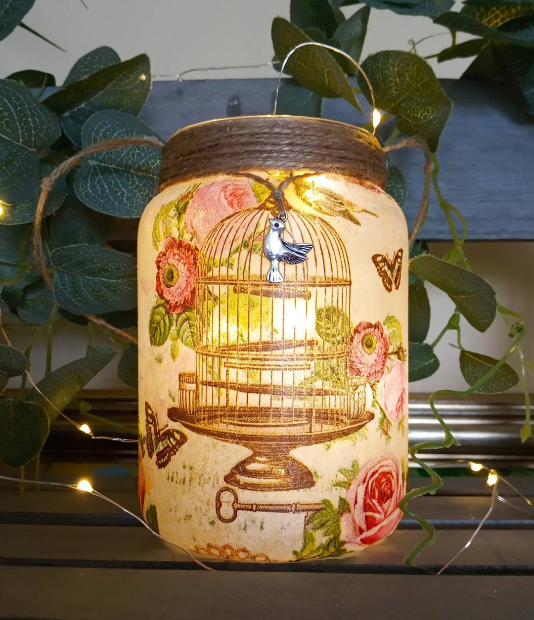 Beautiful Vintage Bird Cage, Roses, Butterfly Light Jar. Recycled Glass