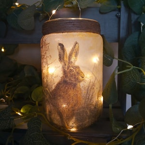 Decoupage Hare Light Jar, Recycled Glass Lantern