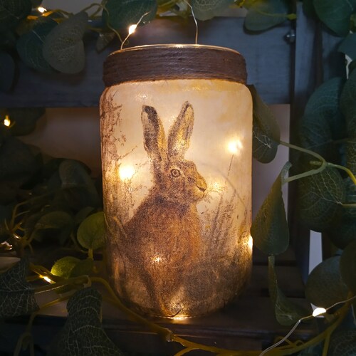 Decoupage Hare Light Jar, Recycled Glass Lantern
