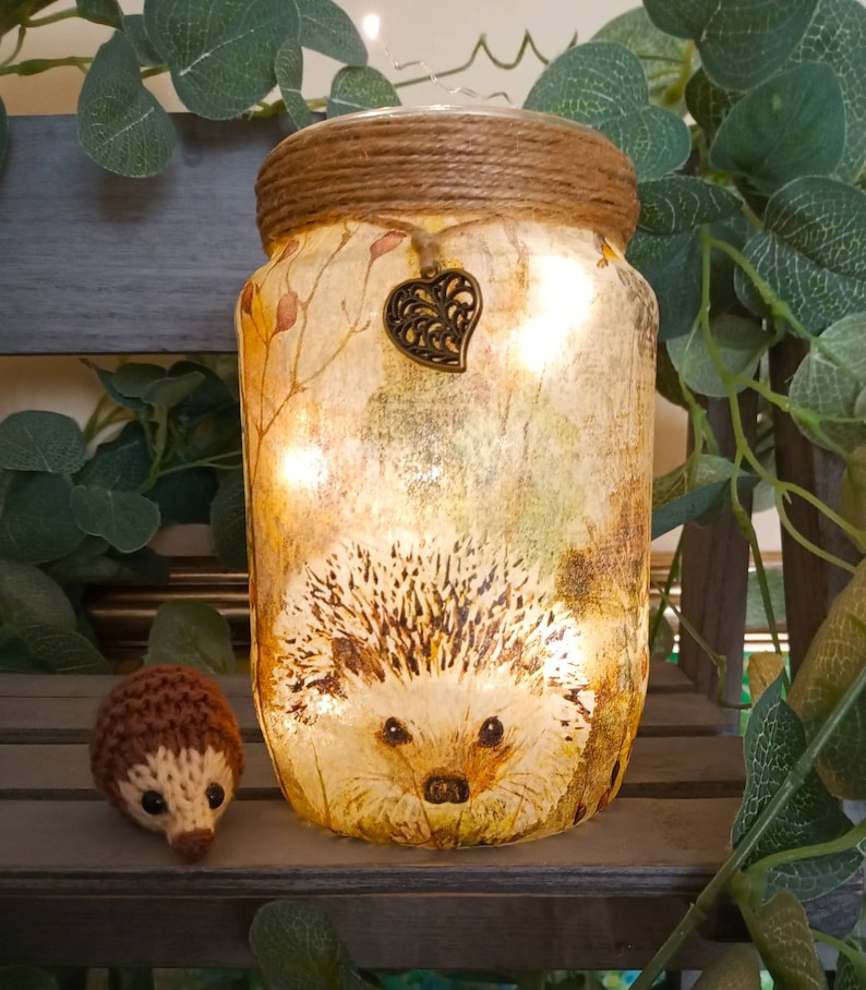 Hedgehog Light Jar. Decoupaged recycled jar. Perfect gift for Hedgehog fans. British wildlife conservation. Firefly Lantern Hedgehug Hoglet image 3