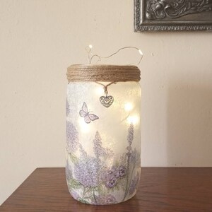 Delicate Lavender and Hydrangea Decoupaged Light Jar. New season, summer garden, night light, light up jar. Gift for all occasions