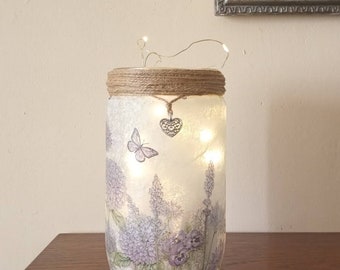 Lilac Hydrangea Decoupaged Light Jar. New season, summer garden, night light, light up jar. Gift for all occasions, anniversary, birthday