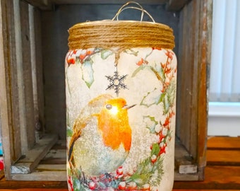 Beautiful Robin Light Jar. Decoupaged lantern, night light.  fairylights, Christmas lantern, memory light, memory jar, Christmas Robin gift