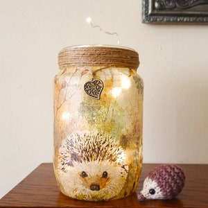 Hedgehog Light Jar. Decoupaged recycled jar. Perfect gift for Hedgehog fans. British wildlife conservation. Firefly Lantern Hedgehug Hoglet image 2