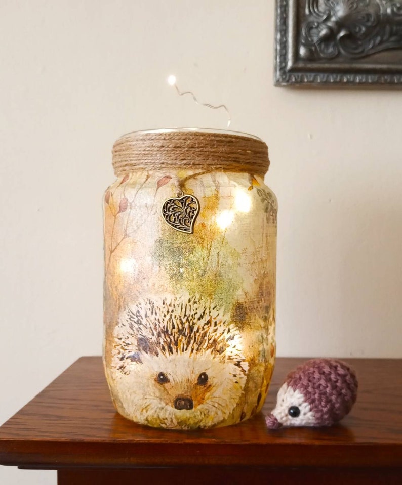 Hedgehog Light Jar. Decoupaged recycled jar. Perfect gift for Hedgehog fans. British wildlife conservation. Firefly Lantern Hedgehug Hoglet image 2