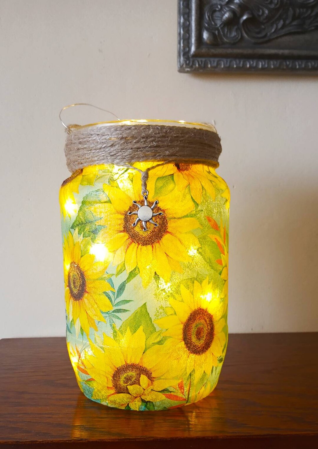 Beautiful Sunflower Light Jar. Recycled Glass, Decoupaged. Perfect Gift