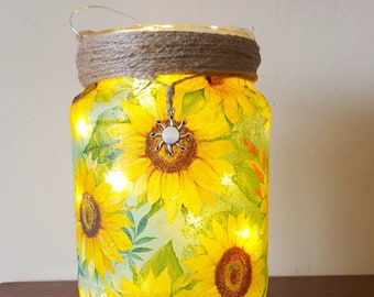 Beautiful Sunflower Light Jar. Recycled glass, decoupaged. Perfect gift, wedding, birthday, anniversary. Garden lantern, night light lantern
