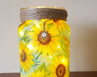 Decoupaged Sunflower Light Jar, Recycled Glass Lantern