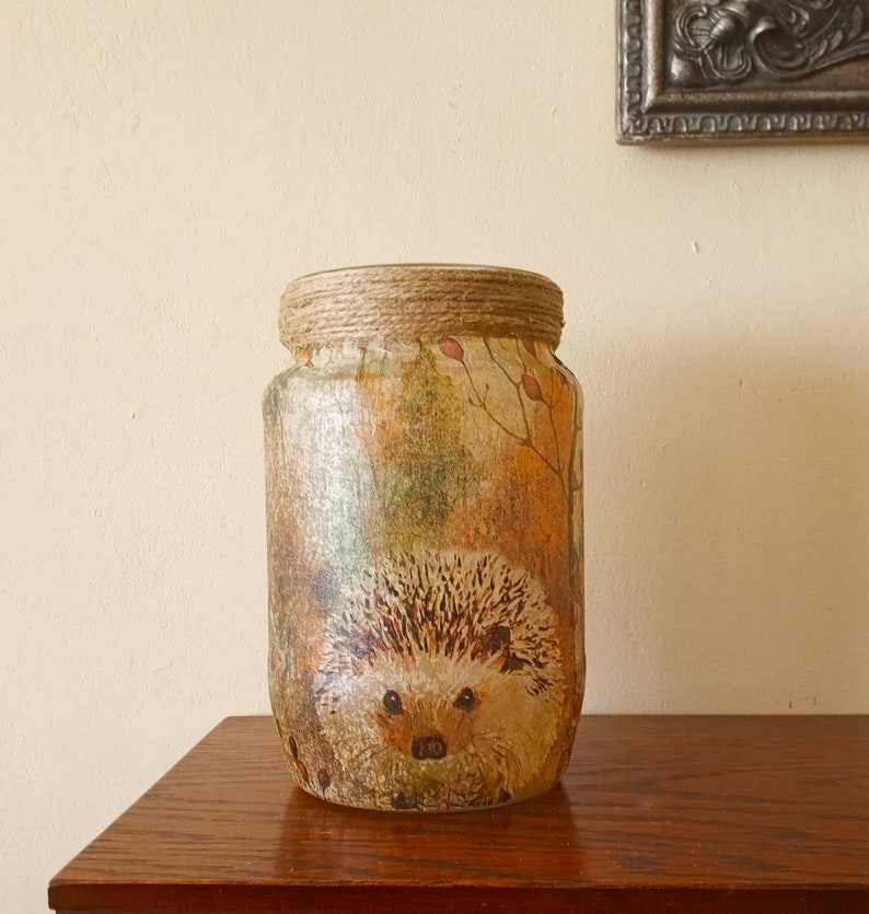 Hedgehog Light Jar. Decoupaged recycled jar. Perfect gift for Hedgehog fans. British wildlife conservation. Firefly Lantern Hedgehug Hoglet image 4
